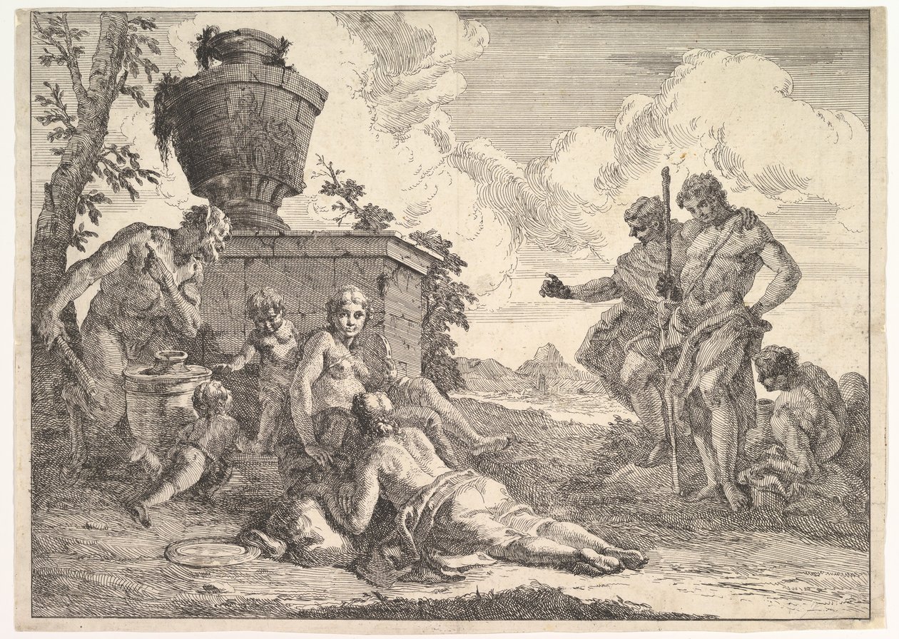 Szatír klubbal és hét figurával, a Bacchanals and Histories-ból, 1744. alkotó: Francesco Fontebasso