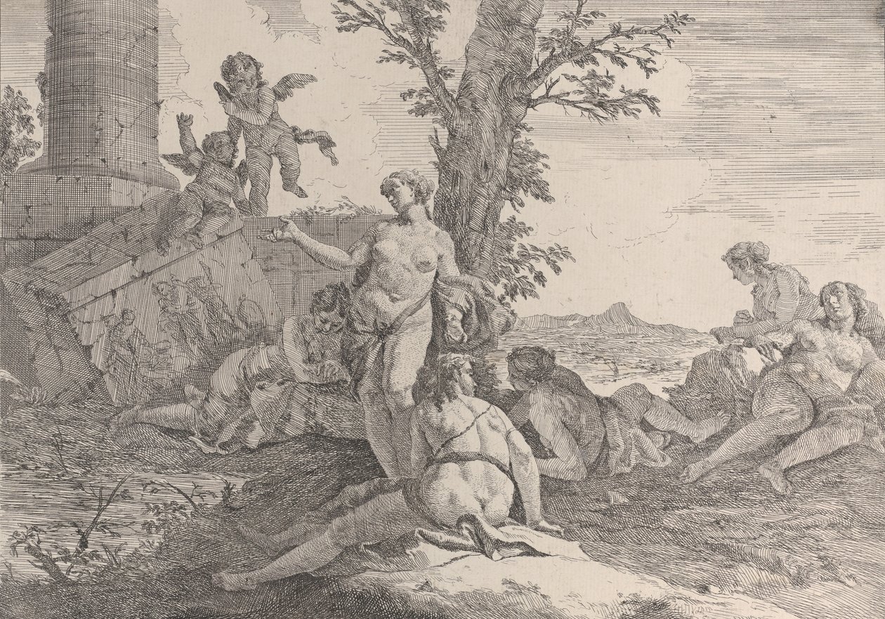 Hat nimfa és két putti, a Bacchanals and Histories-ból, 1744. alkotó: Francesco Fontebasso