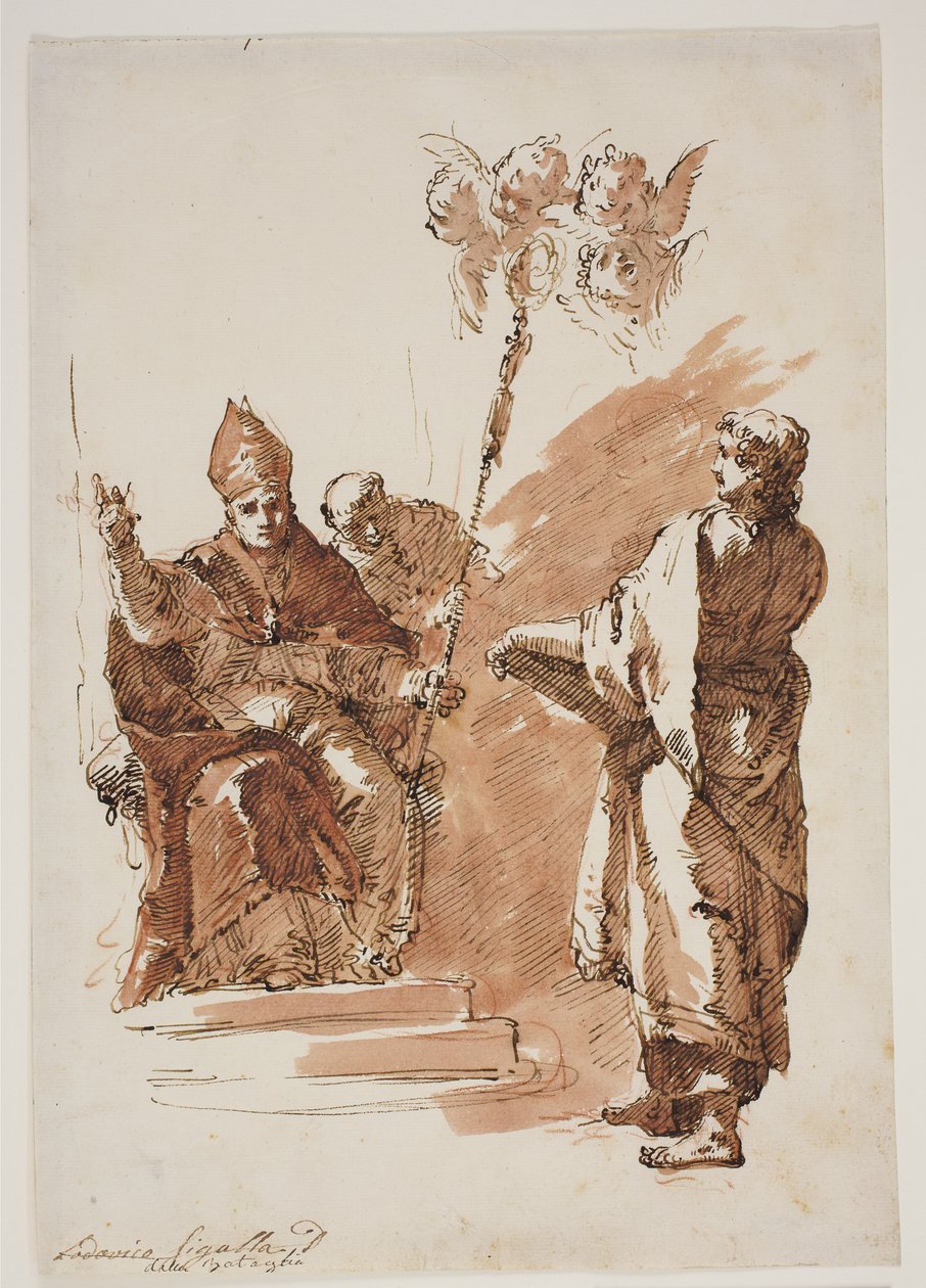 Szent Lajos ült, mellette Szent János evangélista. Tanulmányozás egy oltárképhez a Chiesa dell’Angelo Raffaele-ben, Velencében alkotó: Francesco Fontebasso