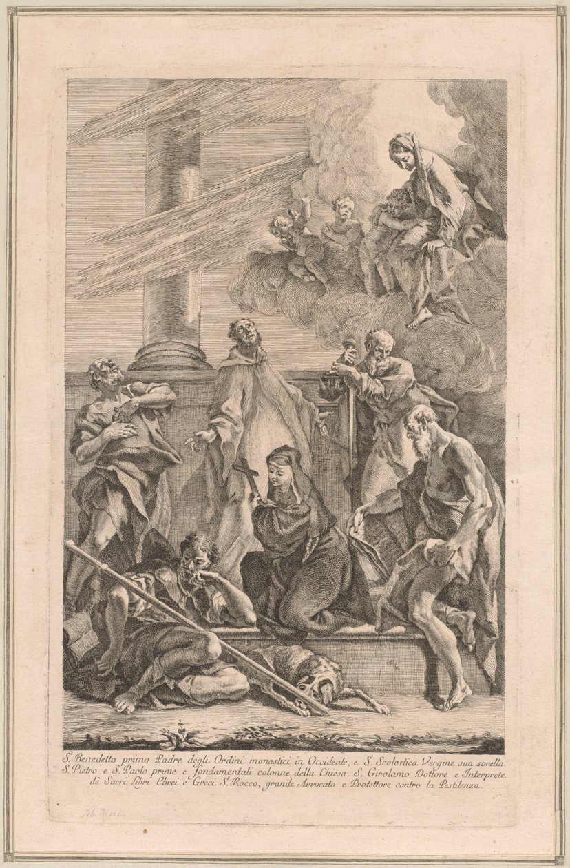 Madonna és gyermek két angyallal és szentekkel Scholastica, Benedek, Roch, Péter, Pál és Jeromos alkotó: Francesco Fontebasso after Sebastiano Ricci