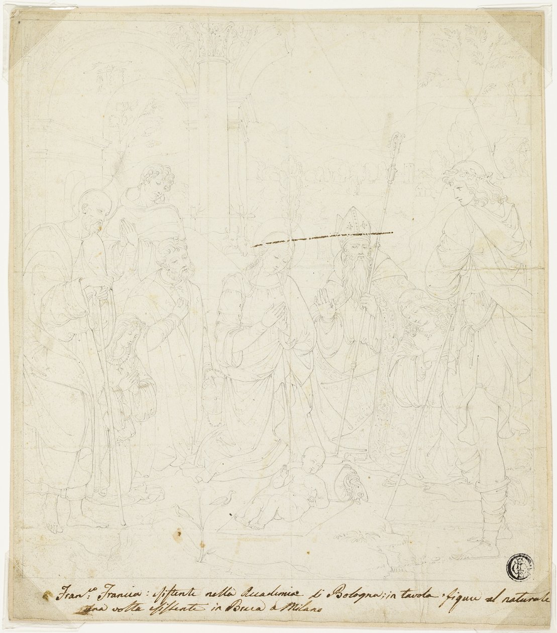 Krisztus Gyermek-imádása Szent Józseffel, Assisi Ferenccel és Ágostonnal, amelyen részt vett Anton Galeazzo Bentivoglio és Alessandro Bentivoglio alkotó: Francesco Francia