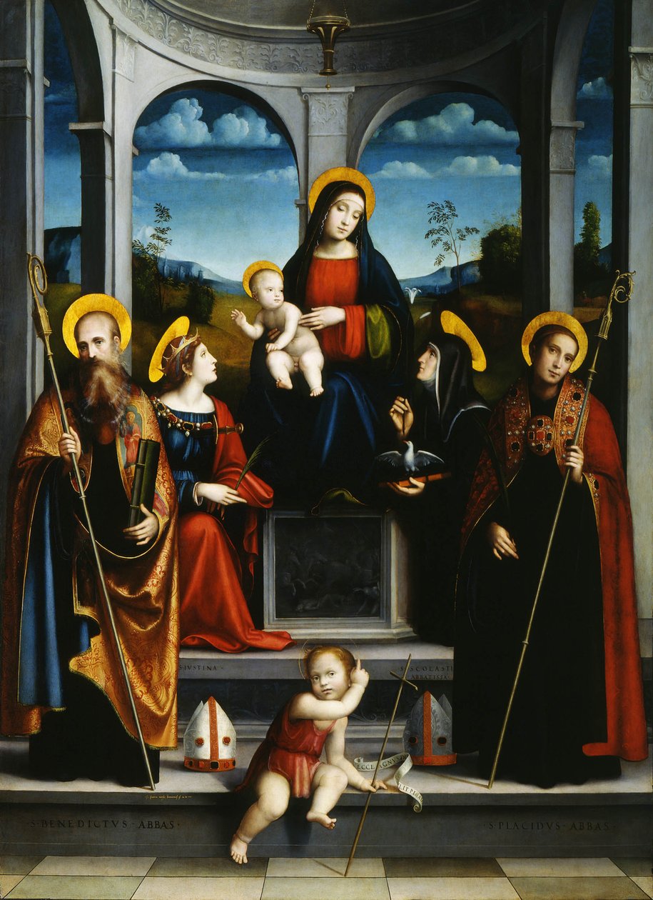 Szűz és gyermek Szent Benedekkel, Jusztinával, Placidusszal és Scholasticával, 1515 körül alkotó: Francesco Francia