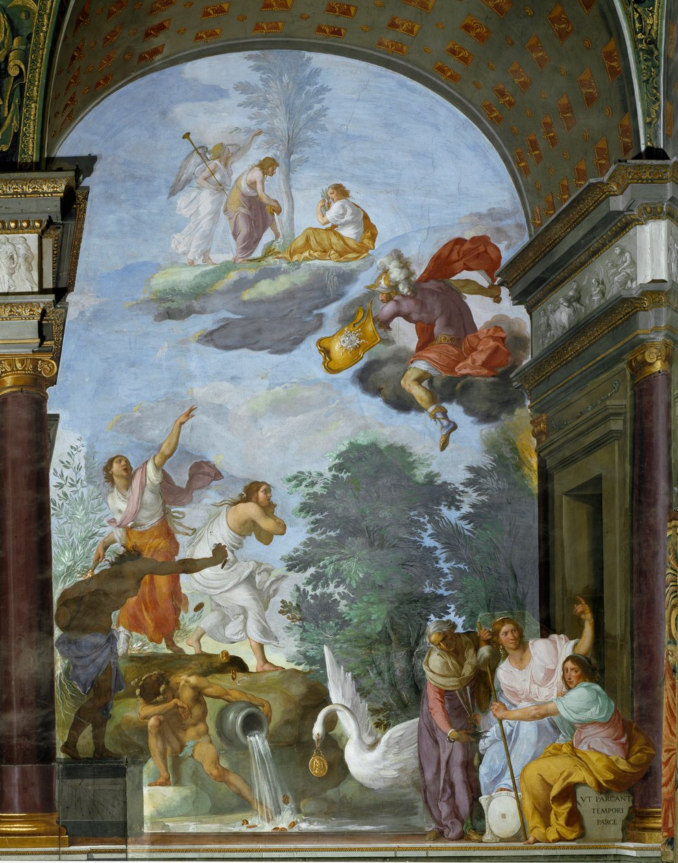 Lawrence de Medici il Magnificent (1449-1492) halálának allegóriája. Jobb oldalon a sorsistenségek, a kabinetek (vagy parkok) ábrázolása: Clotho, Lachesis és Atropos. Francesco Furini freskója (160). alkotó: Francesco Furini