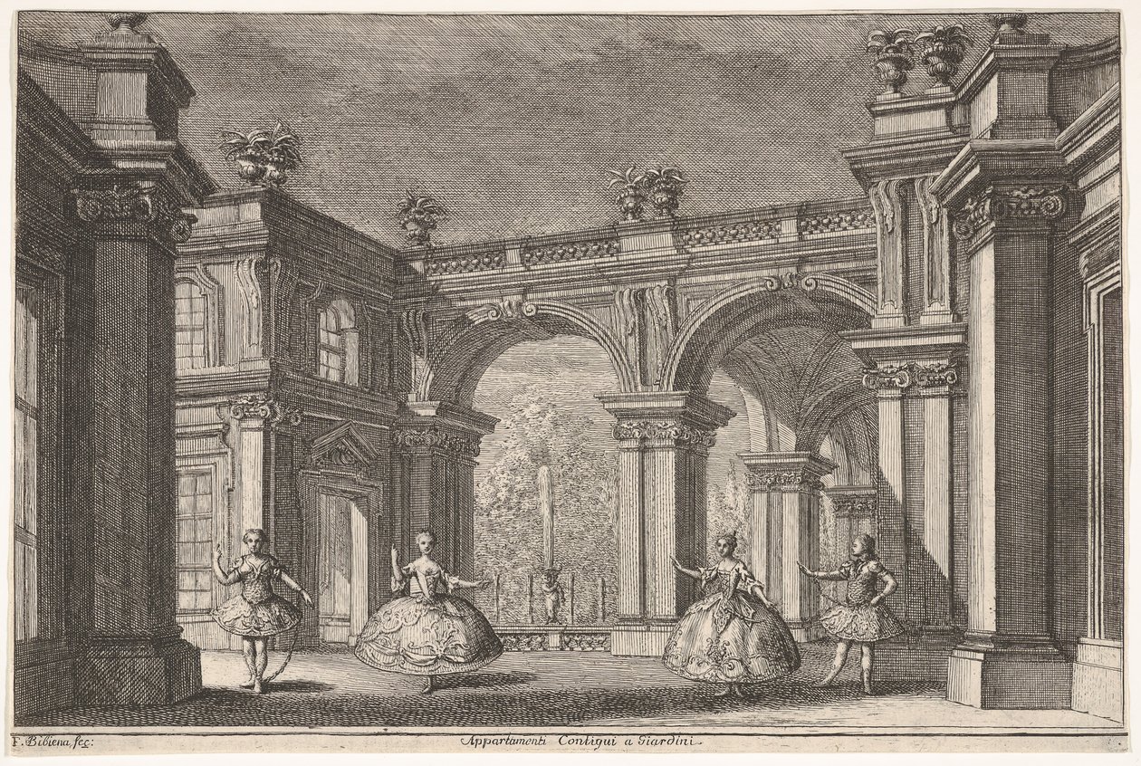 Két hölgy és két úr táncol egy díszes építészeti környezetben, egy szökőkút a..., 1765. alkotó: Francesco Galli Bibiena