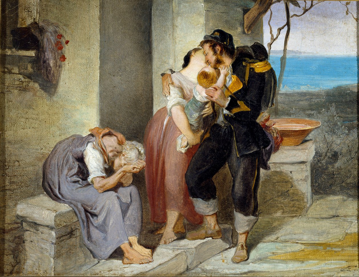 A katona távozása Egy családból a katona könnyek között hagyja el feleségét és gyermekét, hogy háborúba induljon. Francesco Gandolfi (1824-1873) festménye Dim. 27x38 cm Genes Nervi, Civica Galleria d