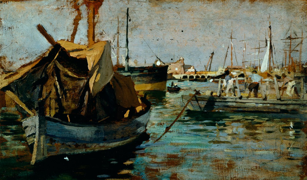 Francesco Gioli (1846-1922) munkája Livorno kikötőjében (Leghorn), olaj, panel, 22x38 cm alkotó: Francesco Gioli
