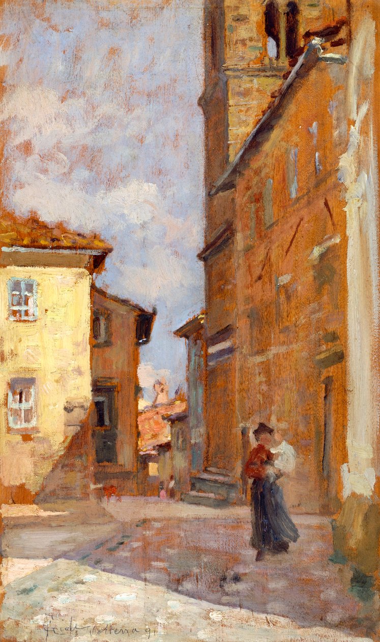 Francesco Gioli (1846-1922) Volterra utcán, olaj, panel, 38x23 cm alkotó: Francesco Gioli