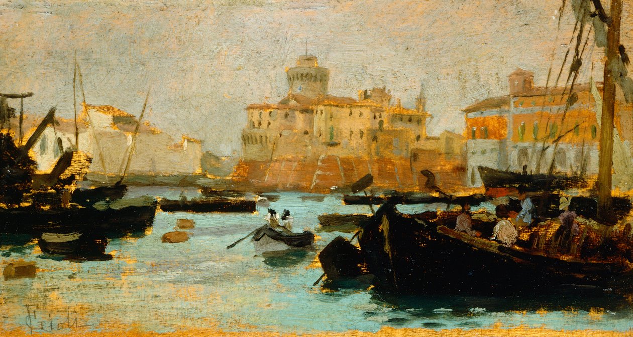 Francesco Gioli (1846-1922) livornói kikötője, olaj, panel, 9x17 cm alkotó: Francesco Gioli