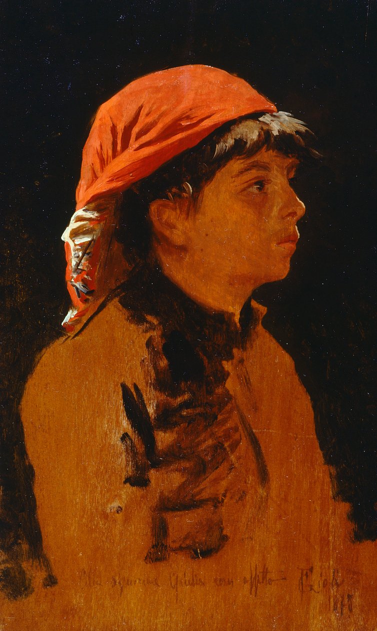 Francesco Gioli (1846-1922) vörös sál, olaj, panel, 28x17 cm alkotó: Francesco Gioli
