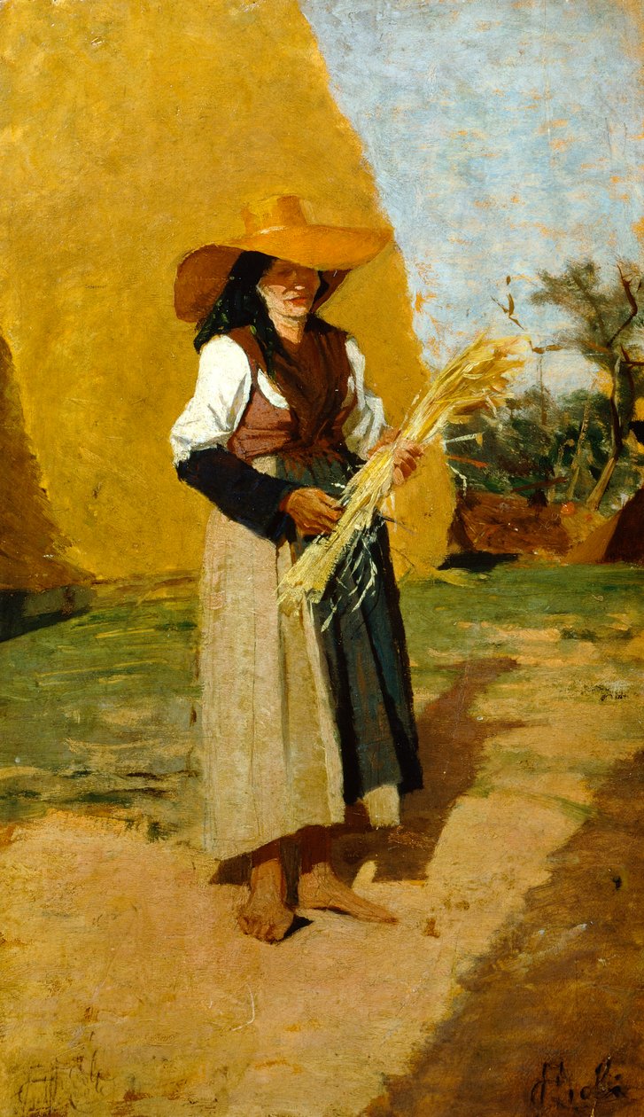 Francesco Gioli (1846-1922) tanulmánya Gleanernek (női terepkezű) olaj, panel, 32x19 cm alkotó: Francesco Gioli
