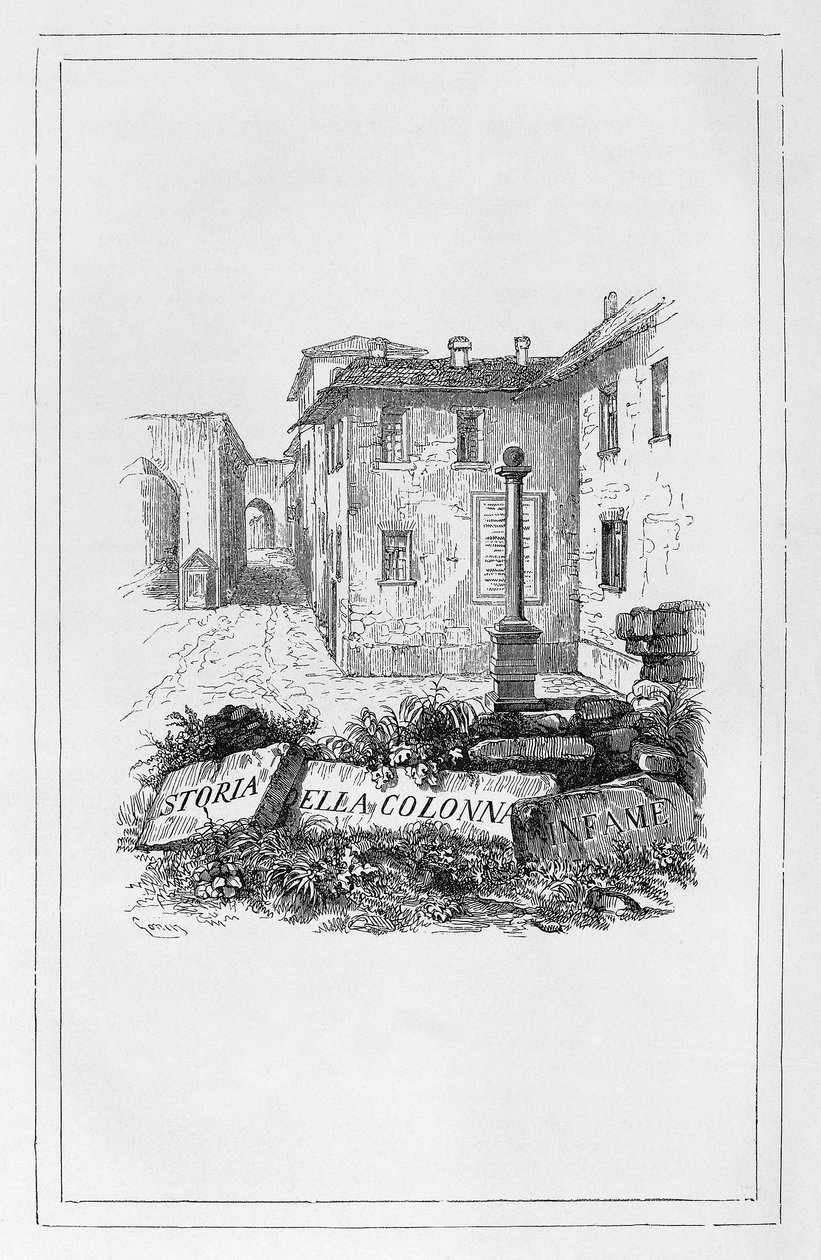 A gyalázat oszlopának története, Francesco Gonin (1808-1889) címlapja Alessandro Manzoni (1785-1873) történelmi esszéjéhez, Olaszország alkotó: Francesco Gonin