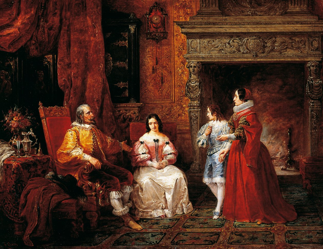 Herceg elmeséli a fiatal hercegnek és édesanyjának Gertrude elhatározását, hogy apáca lesz, epizód Alessandro Manzoni jegyese (1785-1873) című filmből alkotó: Francesco Gonin
