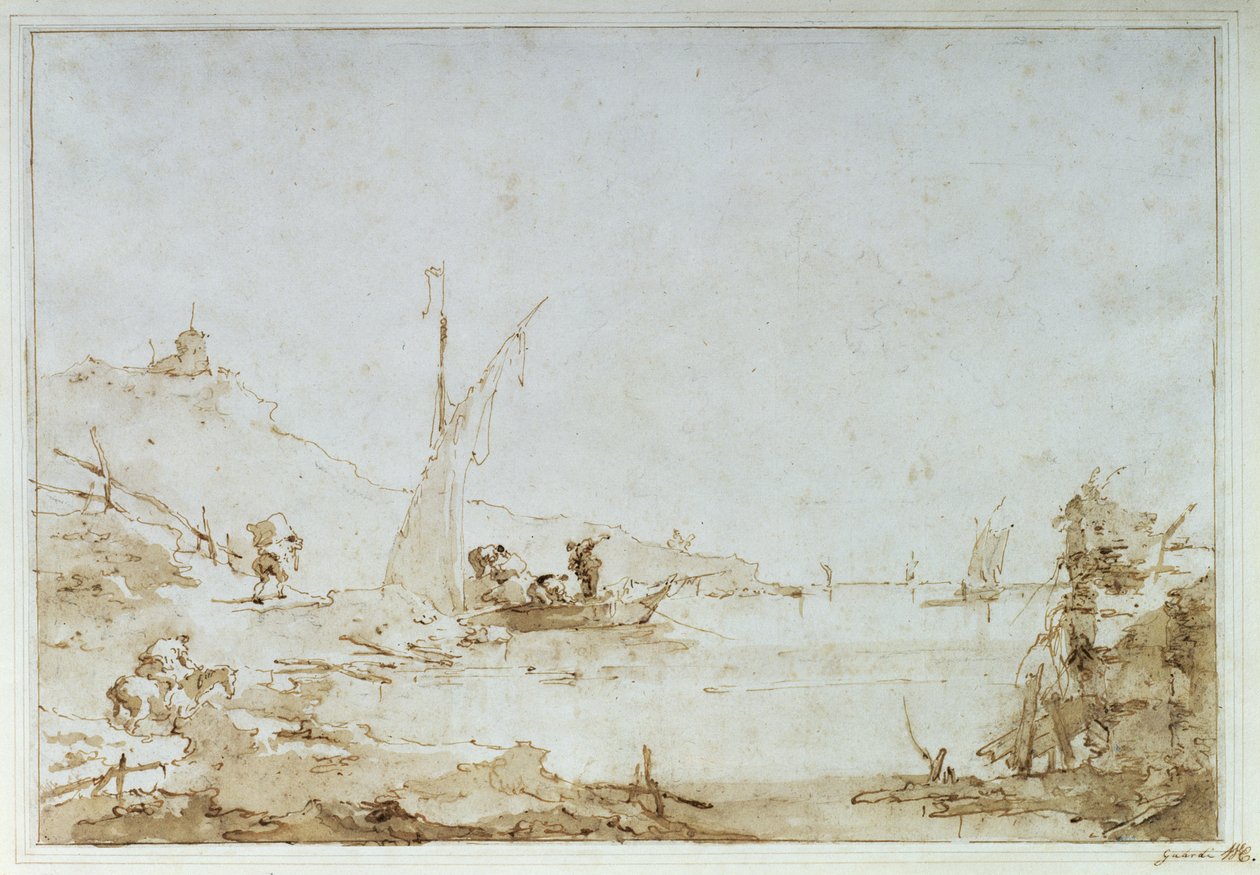 Tengerparti jelenet, 1770-80 körül (toll és barna mosás fekete krétával a papíron) alkotó: Francesco Guardi