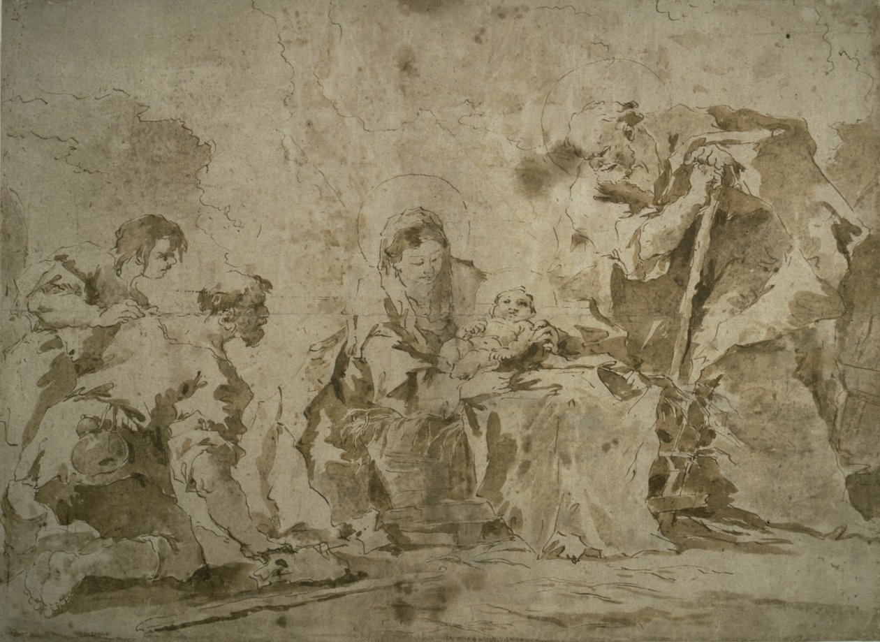 A pásztorok imádása (recto); Három vázlat: Tájkép domboldali épületekkel, épületek portikusszal (hátoldal). alkotó: Francesco Guardi