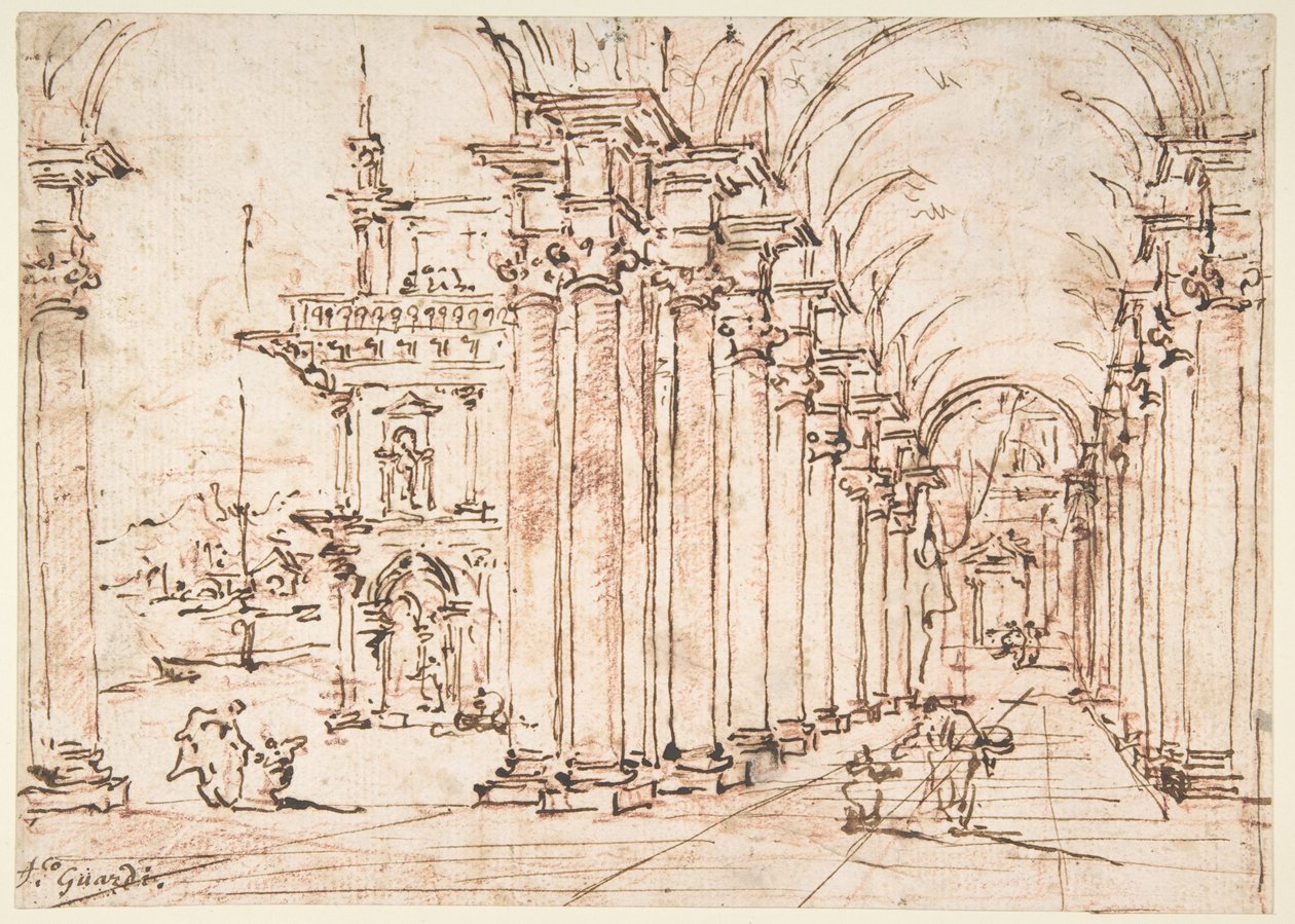Építészeti capriccio: egy palota boltozatos oszlopcsarnoka alkotó: Francesco Guardi