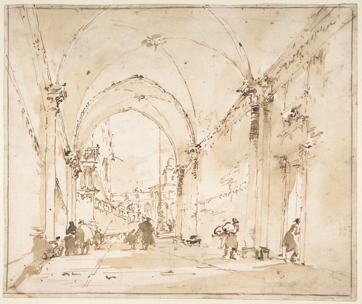 Építészeti capriccio: boltozatos átjáró egy térre alkotó: Francesco Guardi