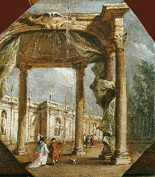 Egy bolondság capriccioja egy elegáns párral és egy kutyával (olaj a panelen) alkotó: Francesco Guardi
