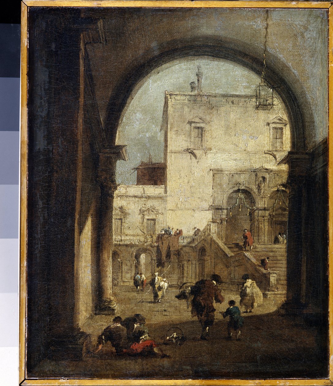 Velencei Capriccio: kilátás a térre és egy palotára Francesco Guardi (1712-1793) festménye 1775-1780 V. 27x23 cm Ermitázs Múzeum, Szentpétervár alkotó: Francesco Guardi