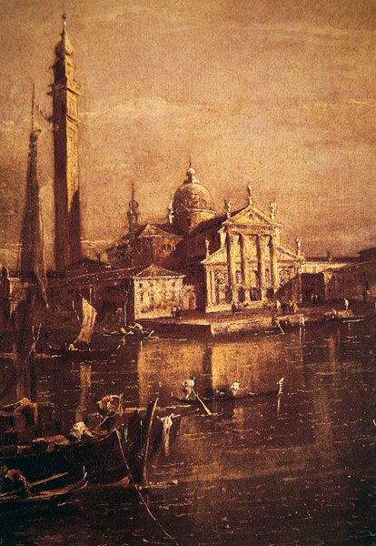 San Giorgio templom és a Campanile, a Szent Márk tér medencéjének részlete, 1774 körül alkotó: Francesco Guardi