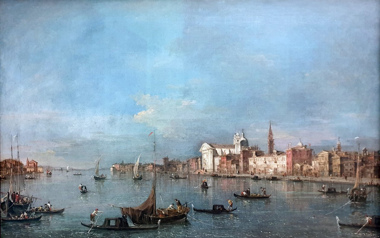 Német: Blick auf den Giudecca-Kanal nach Nordwesten mit den Zattere Kilátás a Giudecca csatornára északnyugat felé a Zattere-csatornával együtt alkotó: Francesco Guardi