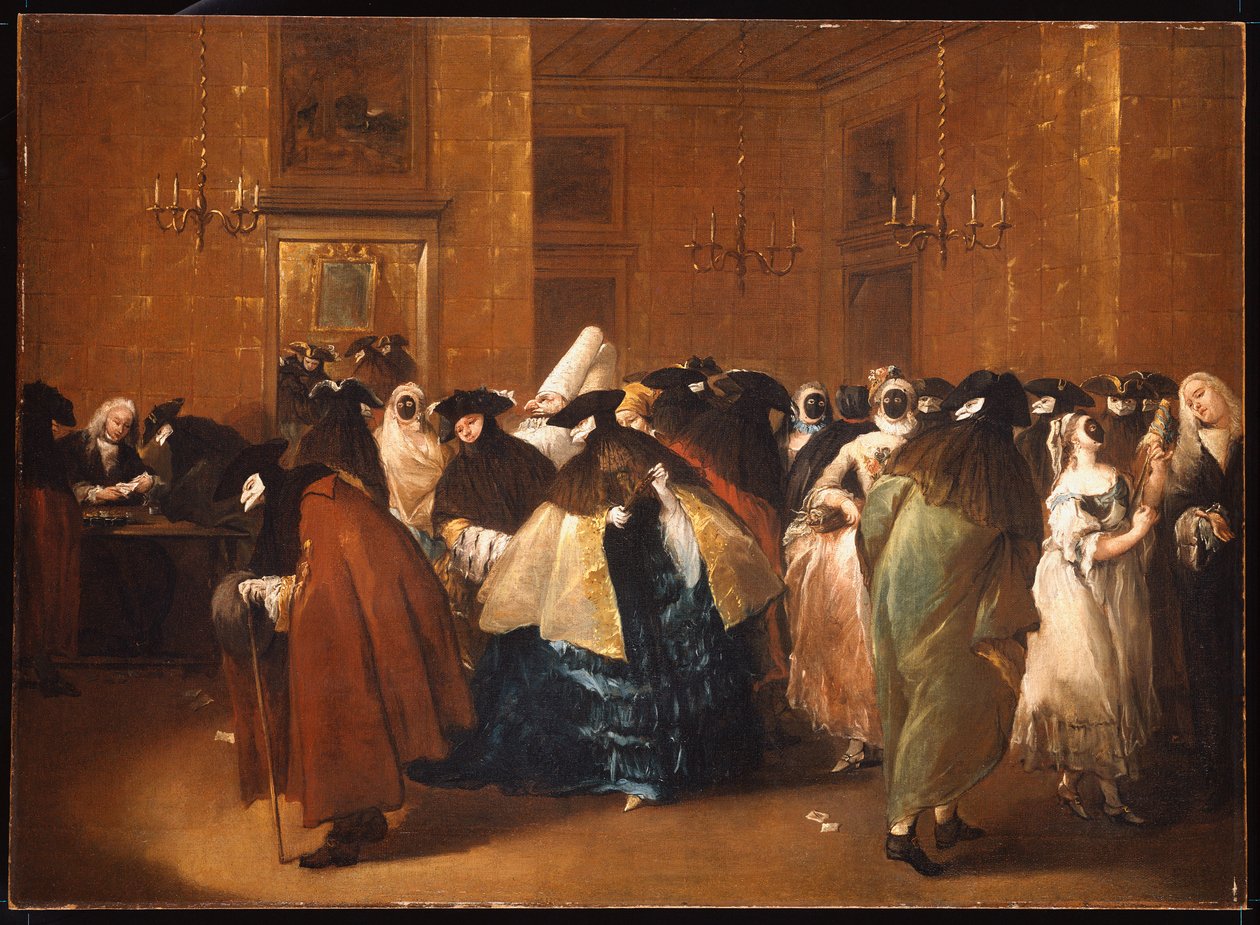 Hölgyek és urak farsangi jelmezben a velencei Ridotto-ban alkotó: Francesco Guardi