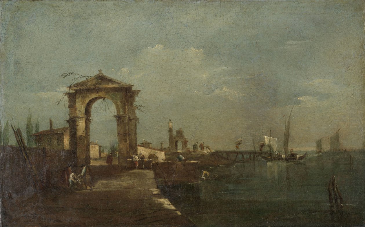Táj rakparttal és hajókkal a tavon alkotó: Francesco Guardi
