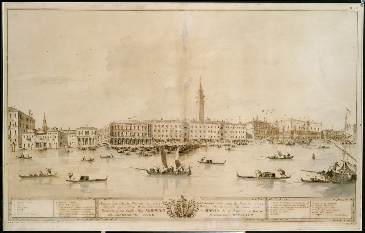 Velence panorámája a Bacino di San Marco felől, a tervezett Teatro Manin tervével együtt alkotó: Francesco Guardi