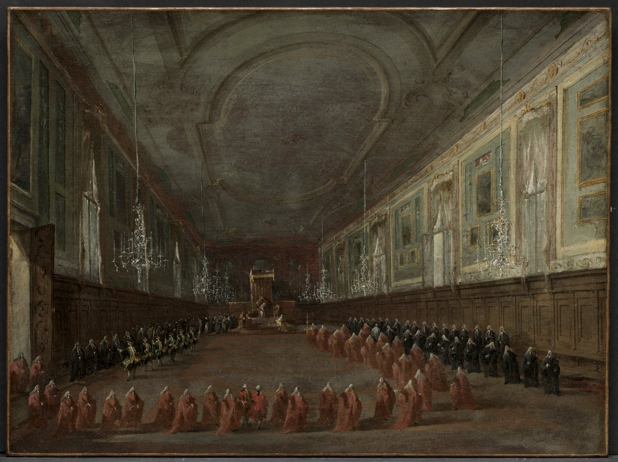 VI. Pius pápa leszáll a trónra, hogy búcsút vegyen a dózsától a teremben..., c. 1783. alkotó: Francesco Guardi
