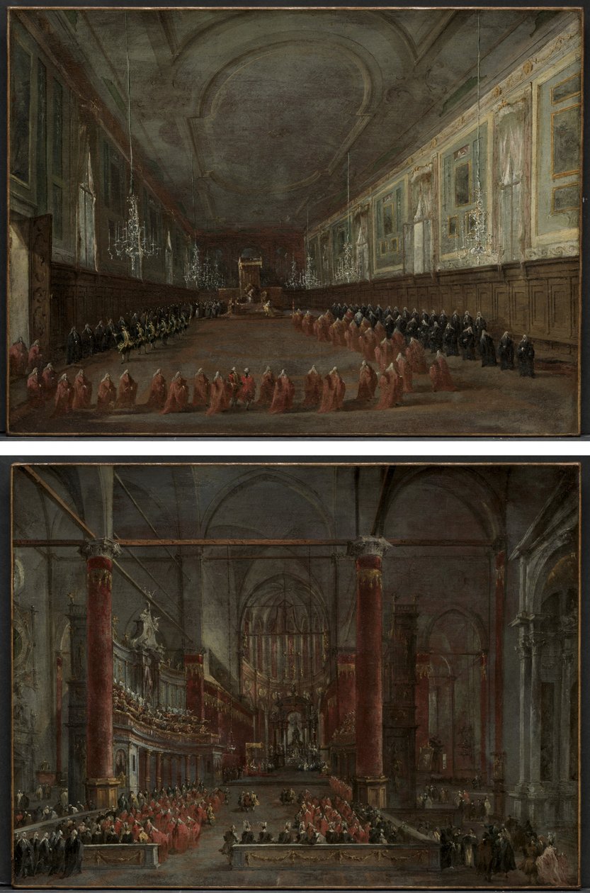 VI. Pius pápa leszáll a trónra, hogy búcsút vegyen a dózsától az SS termében. Giovanni e Paolo, 1782 és a pápai szertartás az SS-ben. Giovanni e Paolo, Velence, 1782 (pár) alkotó: Francesco Guardi