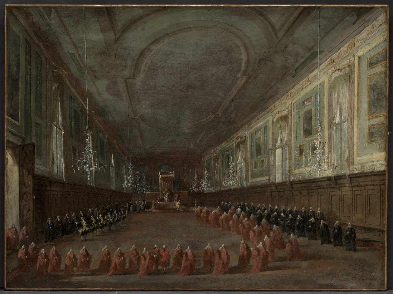 VI. Pius pápa leszáll a trónra, hogy búcsút vegyen a dózsától az SS termében. Giovanni és Paolo, 1782 alkotó: Francesco Guardi