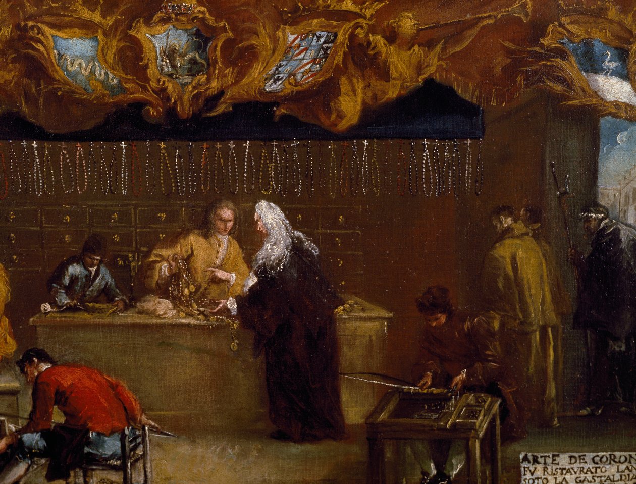 A velencei Coroneri céh cégtáblája (rózsafüzérkészítés). alkotó: Francesco Guardi