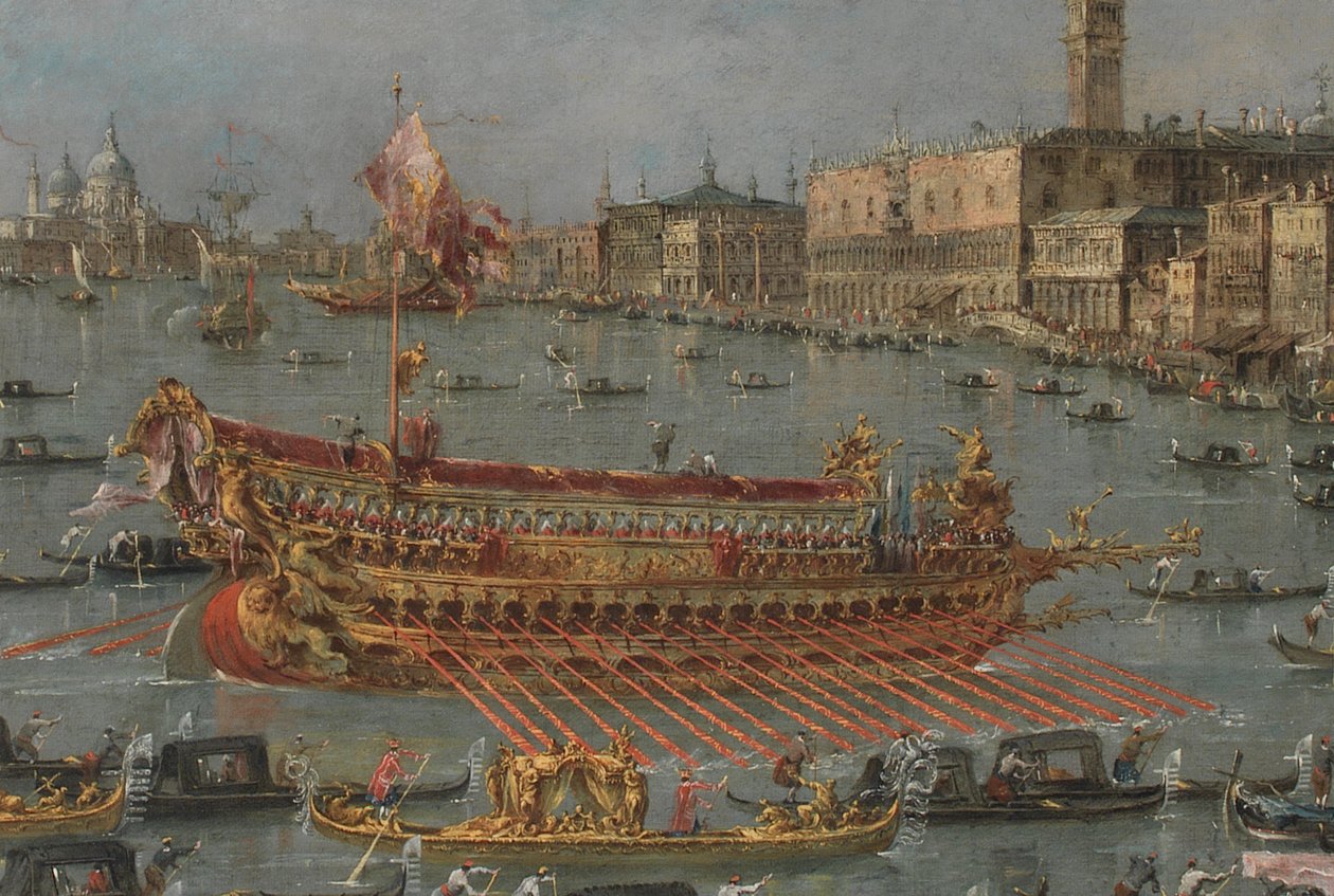 A velencei Bucintoro Fesztivál. A Bacino di S. Marco a Bucintoróval, a Doges Állami Bárkával, mennybemenetel napján (részlet), 1780-93 alkotó: Francesco Guardi