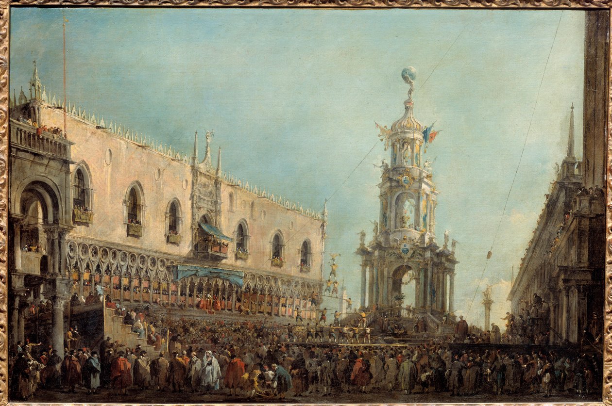 A velencei dózsa részt vesz a Szent Márk téren megrendezett Gras Csütörtök ünnepségen. Alvise IV. Mocenigo (1701-1778) akrobatikus előadásokon vesz részt a Dózse-palota erkélyéről. Francesco Guardi (1712-1793) festménye 1766-1770 V. 0,67x1 m alkotó: Francesco Guardi