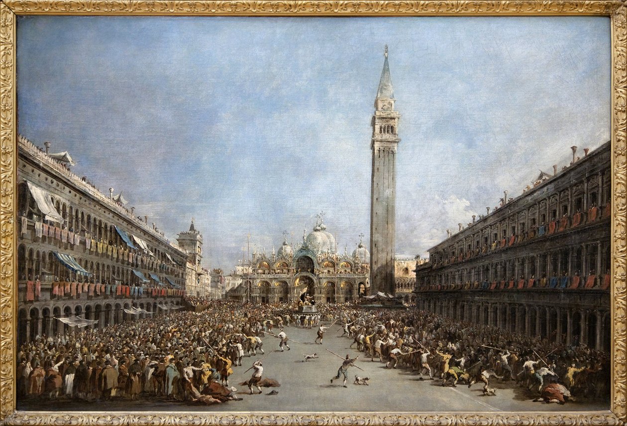 A velencei dózse a gondolásokkal a Szent Márk térre (San Marco) való megválasztása után viszi (a Szent Márk-bazilika és a harangtorony látképe), Francesco Guardi olajfestménye (1712-1792). Fényképészet, KIM Youngtae, Grenoble, Musee de Grenoble. alkotó: Francesco Guardi