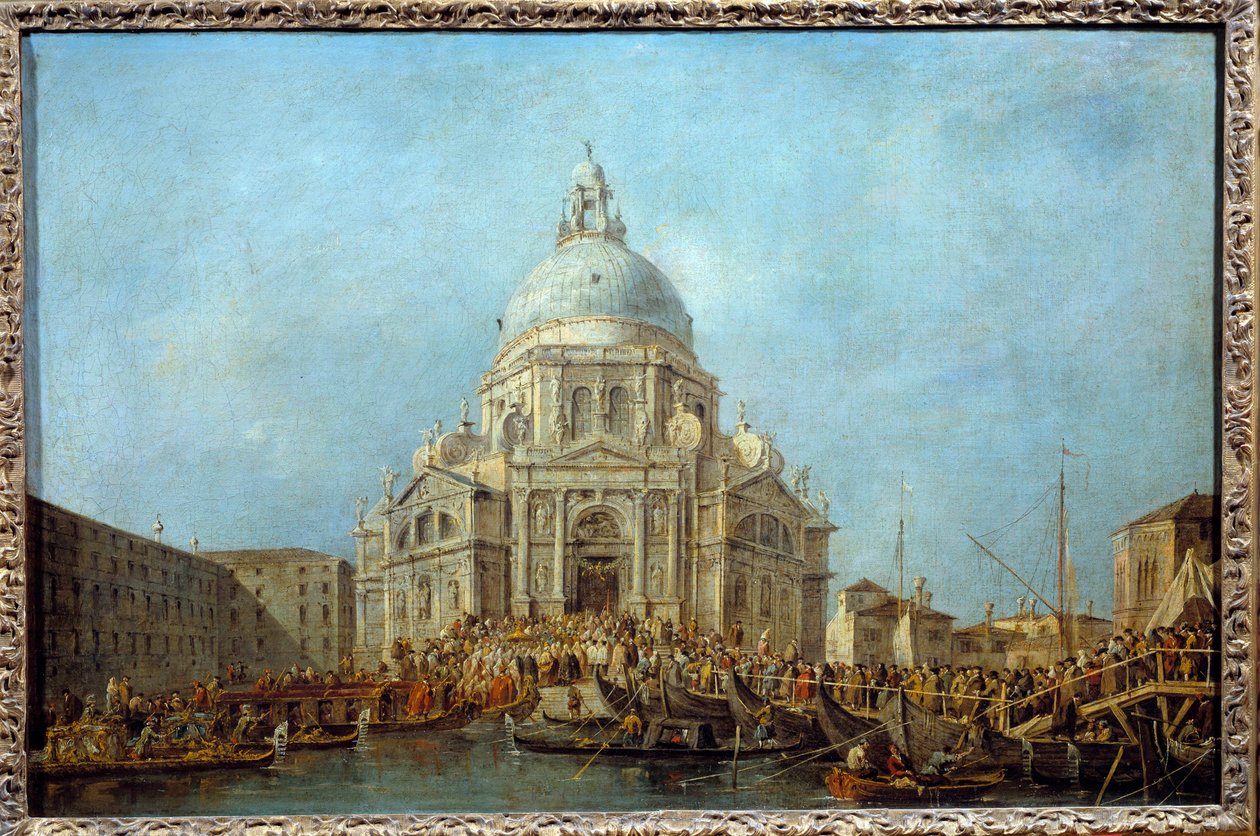 A velencei dózse a Santa Maria della Salute templomba megy november 21-én, az 1630-as pestisjárvány végének emléknapján. Ez valószínűleg az Alviso IV Mocenigo dózse (1763-1778). Francesco Guardi festménye (1712-1793) 1775-1780 Su alkotó: Francesco Guardi