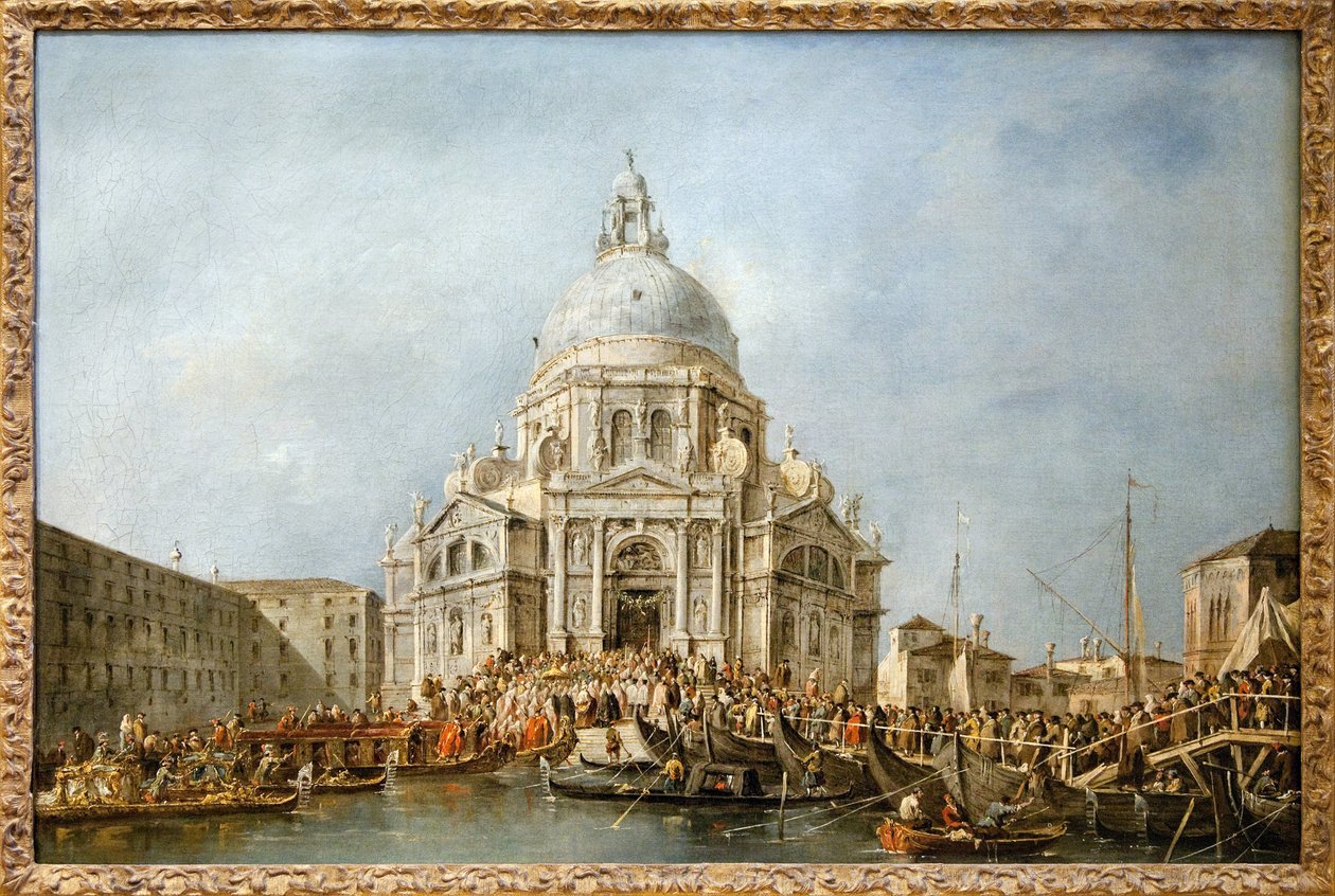 A velencei dózse a velencei tisztelgésre megy. A dózsa minden év november 21-én elment az 1630-as pestisjárvány véget ért hálaadásra épülő Santa Maria della Salute-bazilikába, hogy megköszönje a Szűzanyának ezt a szabadulást. egy hajóhíd alkotó: Francesco Guardi