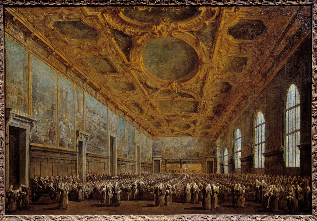 A velencei dózse köszönetet mond a Főtanácsnak. A jelenet a velencei Szent Márk téren található Dózse-palotában játszódik. Francesco Guardi festménye alkotó: Francesco Guardi