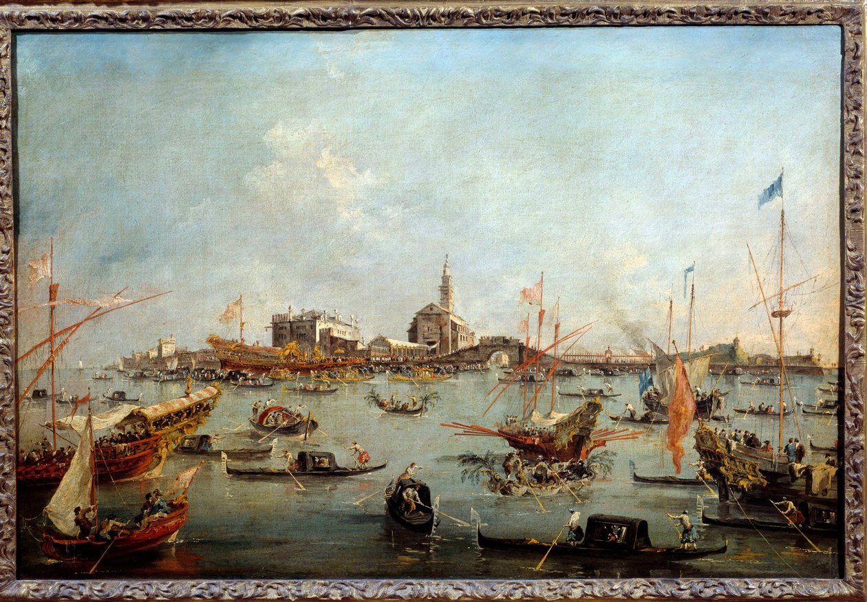 A dózse a Bucentauruson (Bucentoro) a velencei San Nicoloban a mennybemenetel napján Ez valószínűleg az Alvise IV Mocenigo dózse (1763-1778). Francesco Guardi (1712-1793) festménye 1775-1780 V. 0,67x1m alkotó: Francesco Guardi