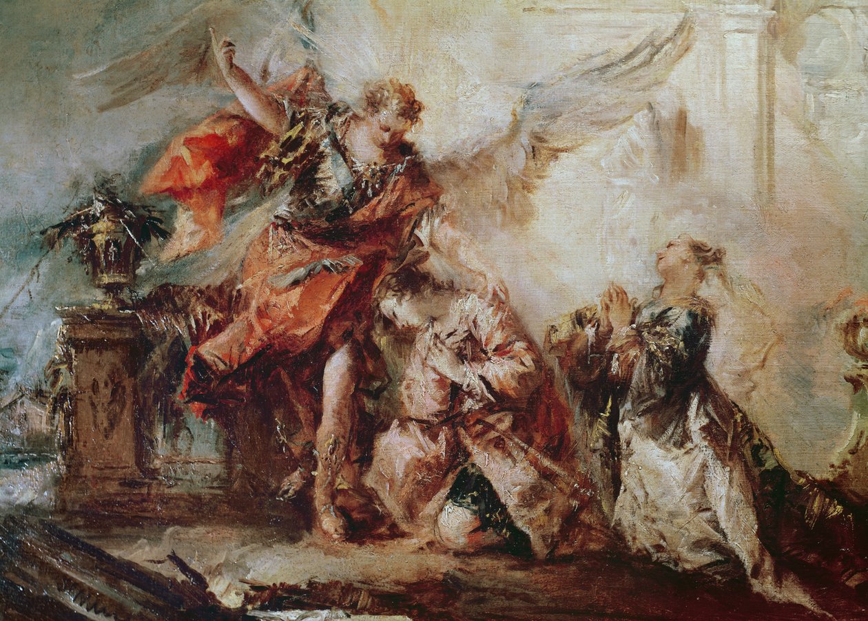 Tóbiás házassága, Sára és Tóbiás pár részlete Raphael közvetítője előtt, aki hálát ad Istennek, 1750 körül alkotó: Francesco Guardi