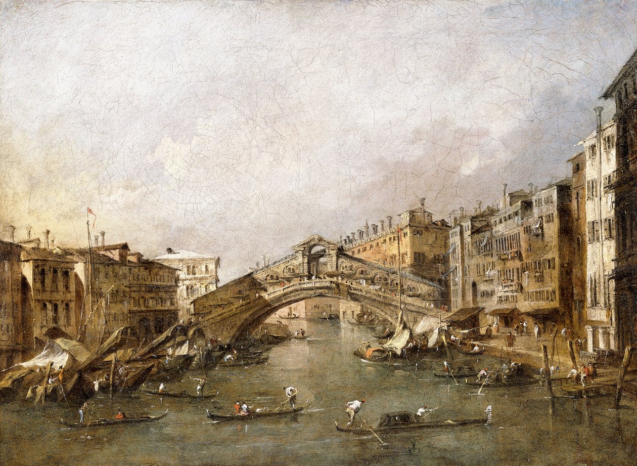 Rialto híd, Velence, gondolákkal az előtérben, alkotó: Francesco Guardi