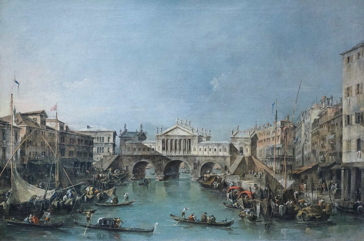 A Rialto-híd Palladio tervei alapján, 1770 körül (olaj, vászon) alkotó: Francesco Guardi