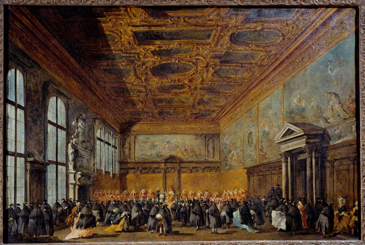 A velencei dózse (valószínűleg Alvise IV Mocinego (1701-1778)) közönsége a velencei hercegi palota College Halljában Francesco Guardi (1712-1793) festménye 1766-1770 V. 0,67 x 1,01 m alkotó: Francesco Guardi