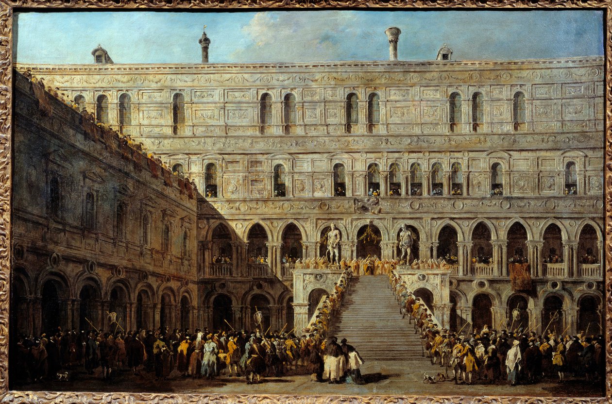 A velencei dózse megkoronázása az Óriások lépcsőjén a hercegi palotában. Francesco Guardi (1712-1793) festménye, 1766 és 1770 között. h/t 0,67 x 1,01m. alkotó: Francesco Guardi