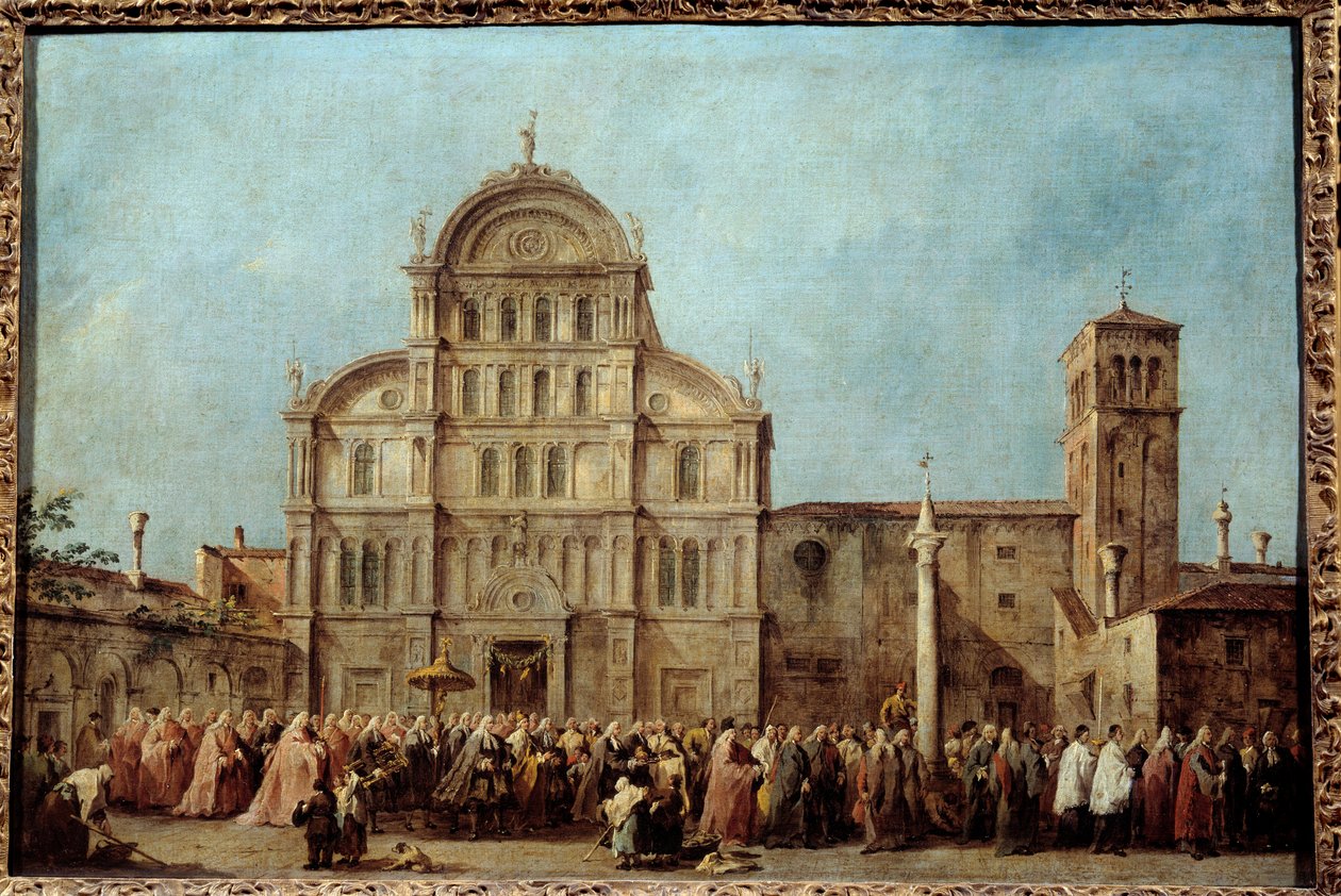 A velencei dózse felvonulása a San Zaccaria templomba húsvét napján (1763). Francesco Guardi (1712-1793) festménye, 1766-1770 körül. Olajfestmény. Mérete: 0,67 x 1,01 m. - A velencei dózse körmenete a San Zaccaria templomban, az E alkotó: Francesco Guardi
