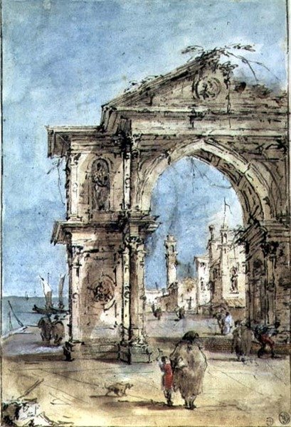 Diadalív a rakparton (toll és barna tinta, mosás, akvarell, fehérrel kiemelve) alkotó: Francesco Guardi