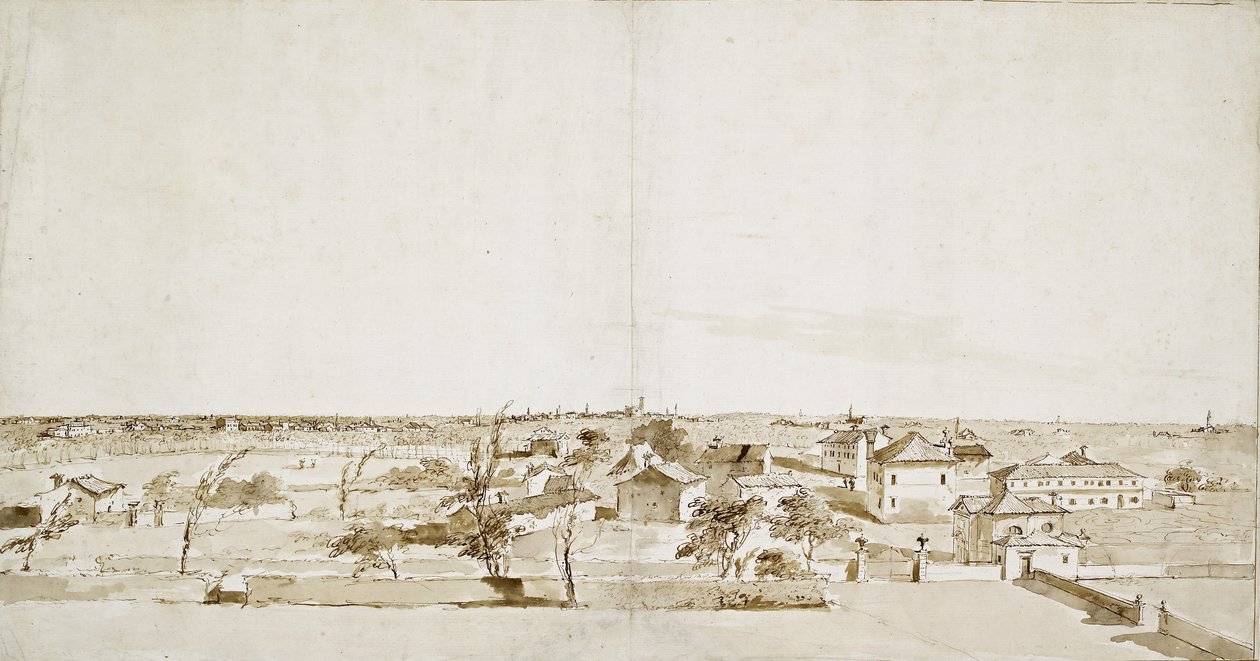 Kilátás a Villa Loredan kertjére (toll és barna tinta barna mosással fehér papíron) alkotó: Francesco Guardi