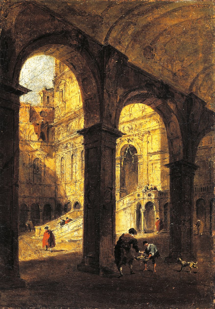 Kilátás a Palazzo Ducale udvarára és az Óriáslépcsőre (Scala dei Giganti), Velencében, 1780 körül, Francesco Guardi (1712-1793), olaj, vászon, 26x39 cm. alkotó: Francesco Guardi