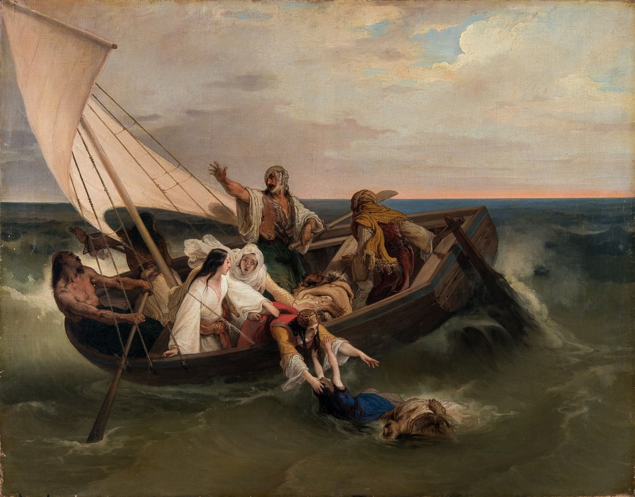 Csónak görög szökevényekkel, 1834. alkotó: Francesco Hayez