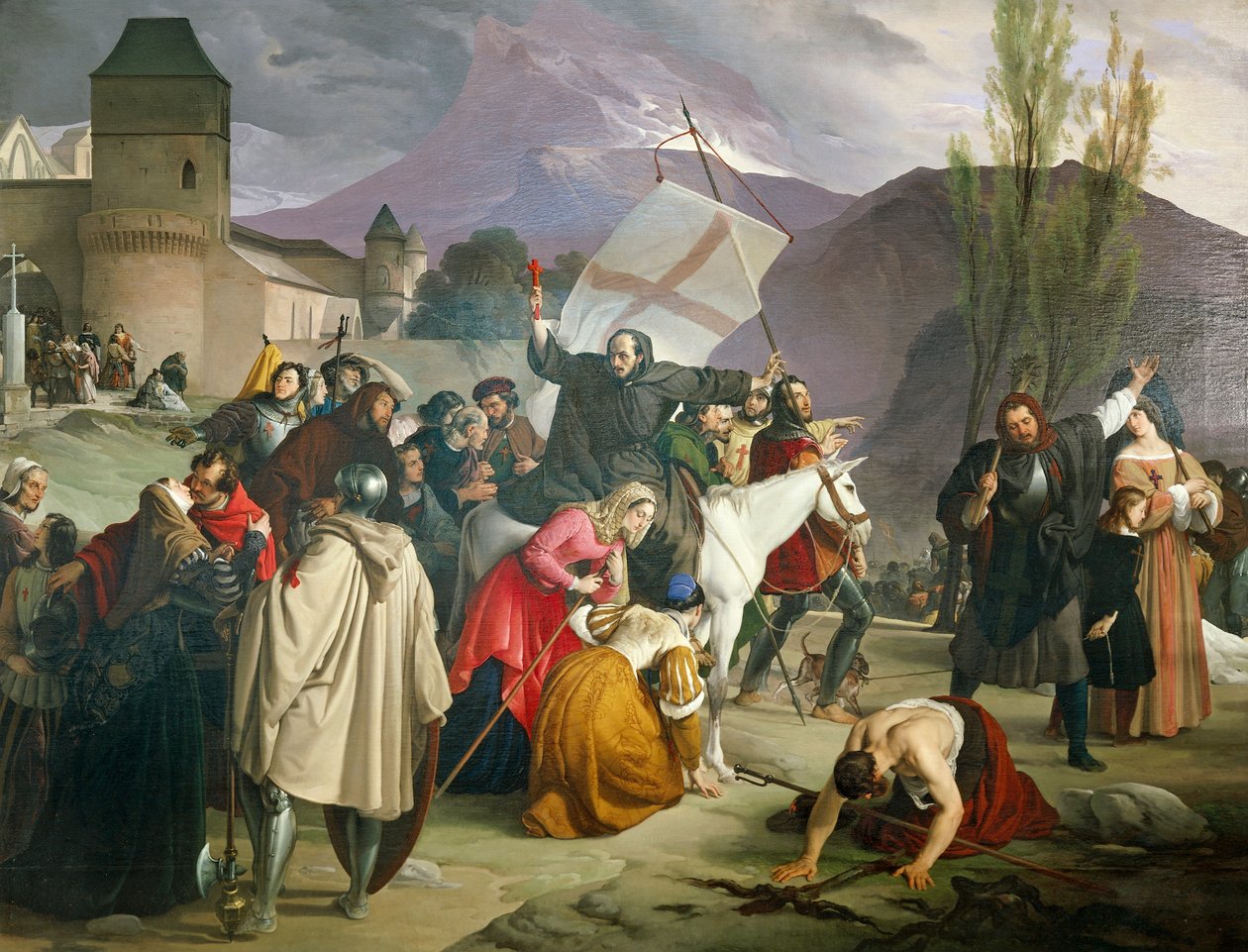 Remete Péter fehér öszvéren lovagol, feszülettel a kezében, és városokban és falvakban keringve prédikál keresztes hadjáratot alkotó: Francesco Hayez