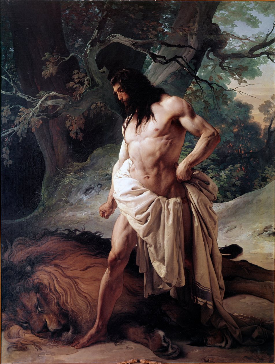 Sámson az oroszlánt nézi, akit csak puszta kézzel ölt meg (olaj, vászon alkotó: Francesco Hayez